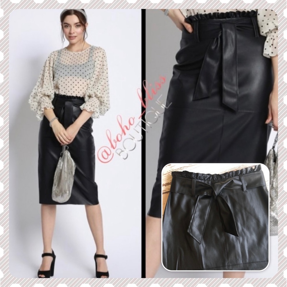 Faux Leather Self Tie Midi Skirt Black NEW